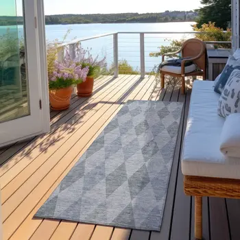 8' Runner Denim Blue Geometric Washable Non Skid Indoor Outdoor Runner Rug