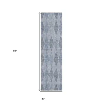 8' Runner Denim Blue Geometric Washable Non Skid Indoor Outdoor Runner Rug