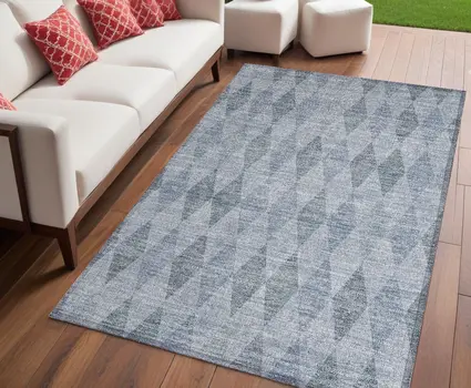 5' X 8' Denim Blue Geometric Washable Non Skid Indoor Outdoor Area Rug
