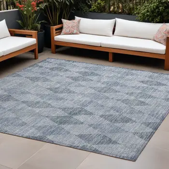 10' X 14' Denim Blue Geometric Washable Non Skid Indoor Outdoor Area Rug