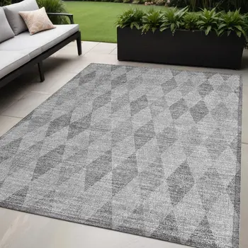 5' X 8' Gray Geometric Washable Non Skid Indoor Outdoor Area Rug
