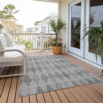 9' X 12' Gray Geometric Washable Non Skid Indoor Outdoor Area Rug