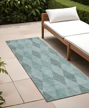 8' Runner Teal Geometric Washable Non Skid Indoor Outdoor Runner Rug