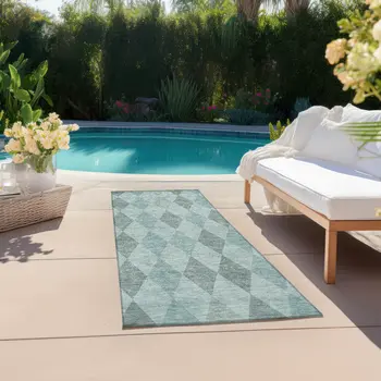 8' Runner Teal Geometric Washable Non Skid Indoor Outdoor Runner Rug