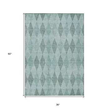 3' X 5' Teal Geometric Washable Non Skid Indoor Outdoor Area Rug
