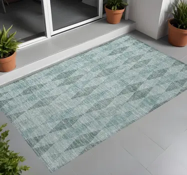 3' X 5' Teal Geometric Washable Non Skid Indoor Outdoor Area Rug