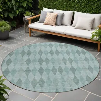 8' Round Teal Round Geometric Washable Non Skid Indoor Outdoor Area Rug