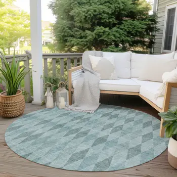 8' Round Teal Round Geometric Washable Non Skid Indoor Outdoor Area Rug