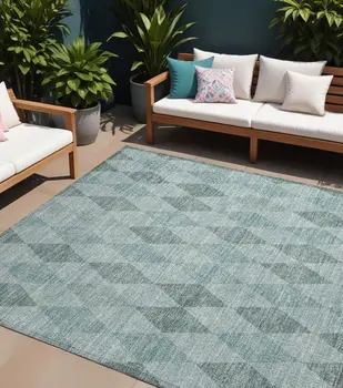 8' X 10' Teal Geometric Washable Non Skid Indoor Outdoor Area Rug