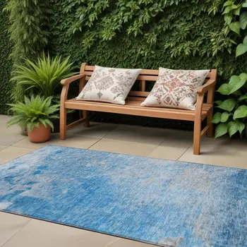 8' Blue And Gray Abstract Washable Indoor Outdoor Runner Rug