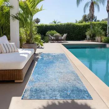8' Blue And Gray Abstract Washable Indoor Outdoor Runner Rug