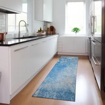 8' Blue And Gray Abstract Washable Indoor Outdoor Runner Rug