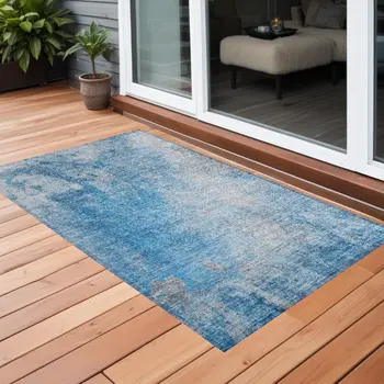 3' X 5' Blue And Gray Abstract Washable Indoor Outdoor Area Rug