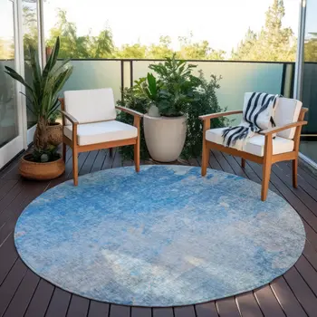 8' Round Blue and Gray Round Abstract Washable Non Skid Indoor Outdoor Area Rug