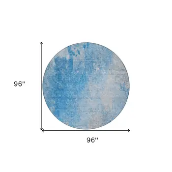 8' Round Blue and Gray Round Abstract Washable Non Skid Indoor Outdoor Area Rug