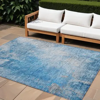 9' X 12' Blue And Gray Abstract Washable Indoor Outdoor Area Rug