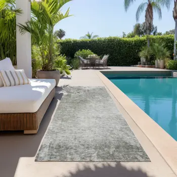8' Gray And Off White Abstract Washable Indoor Outdoor Runner Rug