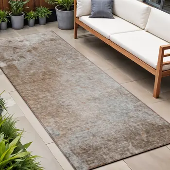 8' Brown And Off White Abstract Washable Indoor Outdoor Runner Rug