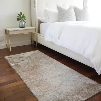 8' Brown And Off White Abstract Washable Indoor Outdoor Runner Rug