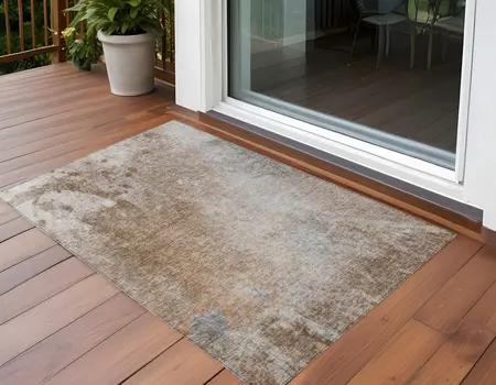 3' X 5' Brown and Off White Abstract Washable Non Skid Indoor Outdoor Area Rug