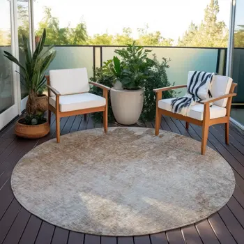 8' Round Brown and Off White Round Abstract Washable Non Skid Indoor Outdoor Area Rug