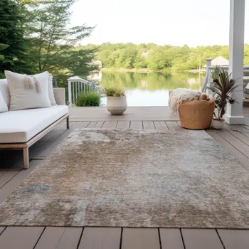 8' X 10' Brown and Off White Abstract Washable Non Skid Indoor Outdoor Area Rug