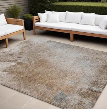 10' X 14' Brown and Off White Abstract Washable Non Skid Indoor Outdoor Area Rug