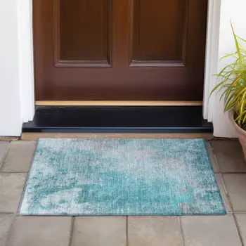 2' X 3' Teal Abstract Washable Non Skid Indoor Outdoor Area Rug