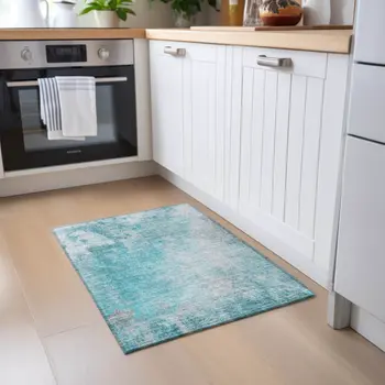 2' X 3' Teal Abstract Washable Non Skid Indoor Outdoor Area Rug