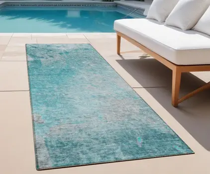 8' Runner Teal Abstract Washable Non Skid Indoor Outdoor Runner Rug