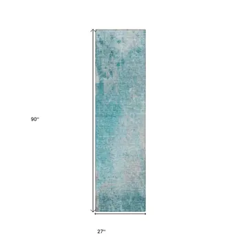 8' Runner Teal Abstract Washable Non Skid Indoor Outdoor Runner Rug