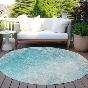 8' Round Teal Round Abstract Washable Non Skid Indoor Outdoor Area Rug