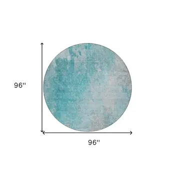 8' Round Teal Round Abstract Washable Non Skid Indoor Outdoor Area Rug