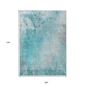 9' X 12' Teal Abstract Washable Non Skid Indoor Outdoor Area Rug