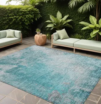 9' X 12' Teal Abstract Washable Non Skid Indoor Outdoor Area Rug