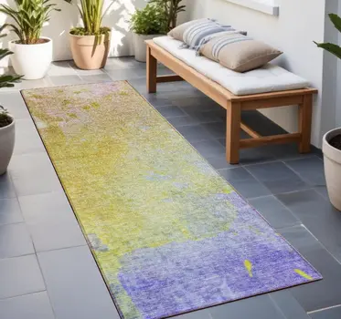 8' Runner Blue Gold and Wheat Abstract Washable Non Skid Indoor Outdoor Runner Rug
