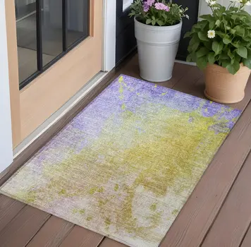 3' X 5' Blue Gold and Wheat Abstract Washable Non Skid Indoor Outdoor Area Rug