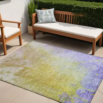 5' X 8' Blue Gold and Wheat Abstract Washable Non Skid Indoor Outdoor Area Rug
