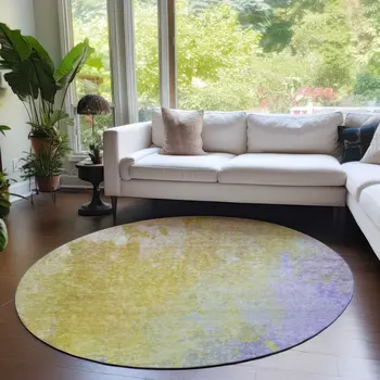 8' Blue Gold And Wheat Round Abstract Washable Indoor Outdoor Area Rug
