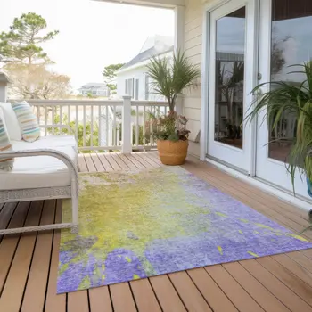 8' X 10' Blue Gold And Wheat Abstract Washable Indoor Outdoor Area Rug