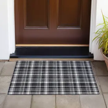 2' X 3' Black Gray and White Plaid Washable Non Skid Indoor Outdoor Area Rug