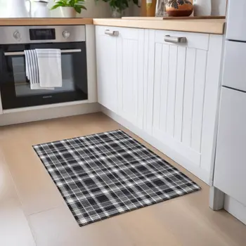 2' X 3' Black Gray and White Plaid Washable Non Skid Indoor Outdoor Area Rug