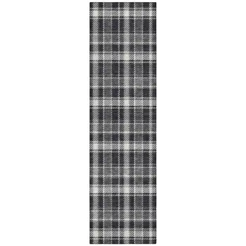 8' Runner Black Gray and White Plaid Washable Non Skid Indoor Outdoor Runner Rug