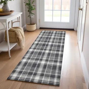 8' Runner Black Gray and White Plaid Washable Non Skid Indoor Outdoor Runner Rug