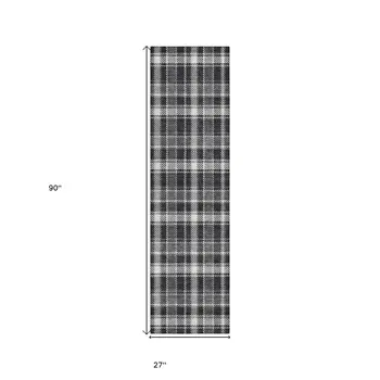 8' Runner Black Gray and White Plaid Washable Non Skid Indoor Outdoor Runner Rug