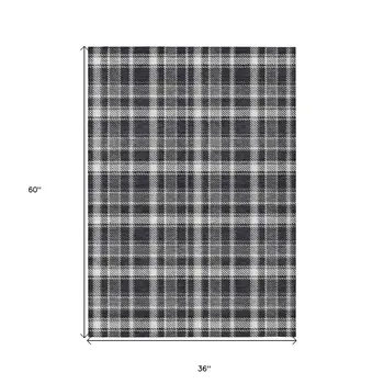 3' X 5' Black Gray and White Plaid Washable Non Skid Indoor Outdoor Area Rug
