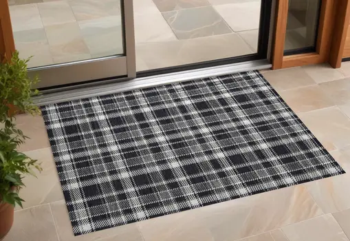 3' X 5' Black Gray and White Plaid Washable Non Skid Indoor Outdoor Area Rug