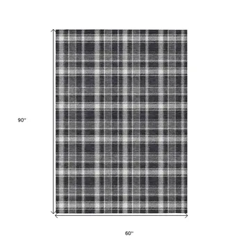 5' X 8' Black Gray and White Plaid Washable Non Skid Indoor Outdoor Area Rug