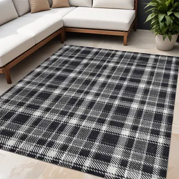 5' X 8' Black Gray and White Plaid Washable Non Skid Indoor Outdoor Area Rug