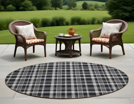 8' Black Gray And White Round Plaid Washable Indoor Outdoor Area Rug
